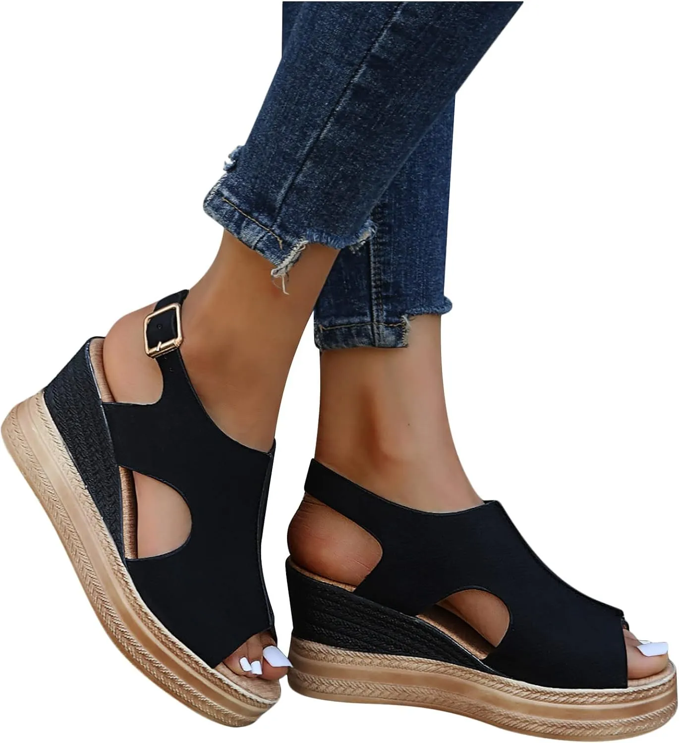 Wedge Sandals for Women Open Toe Buckle Strap Ankle Boots Vintage Hollow Out Platform Sandals Summer Casual Shoes