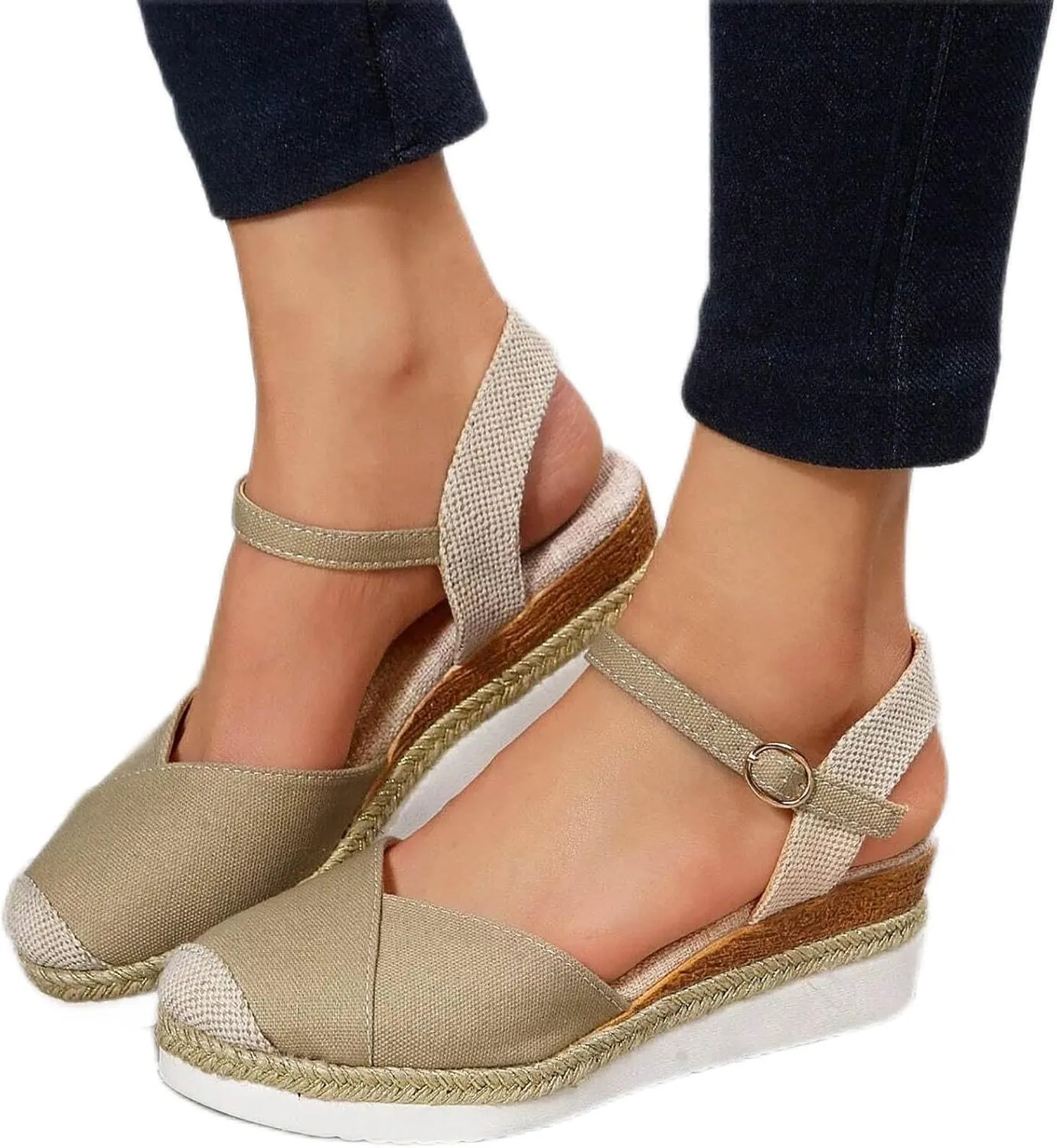 Wedge Sandals for Womens Fashion Arch Support Sandals Elegant Orthopedic Sandal Closed Toe Buckle Ankle Strap Espadrilles Flatform Wedge Casual Shoes Bohemia Beach Shoes