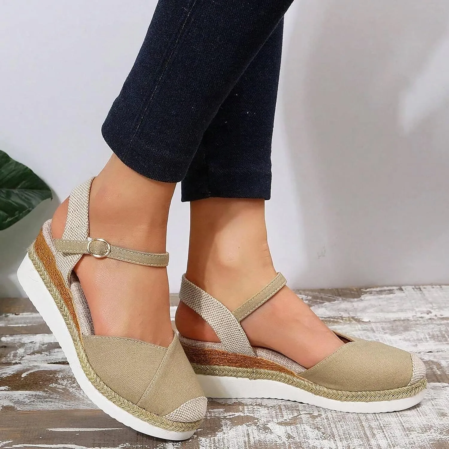 Wedge Sandals for Womens Fashion Arch Support Sandals Elegant Orthopedic Sandal Closed Toe Buckle Ankle Strap Espadrilles Flatform Wedge Casual Shoes Bohemia Beach Shoes