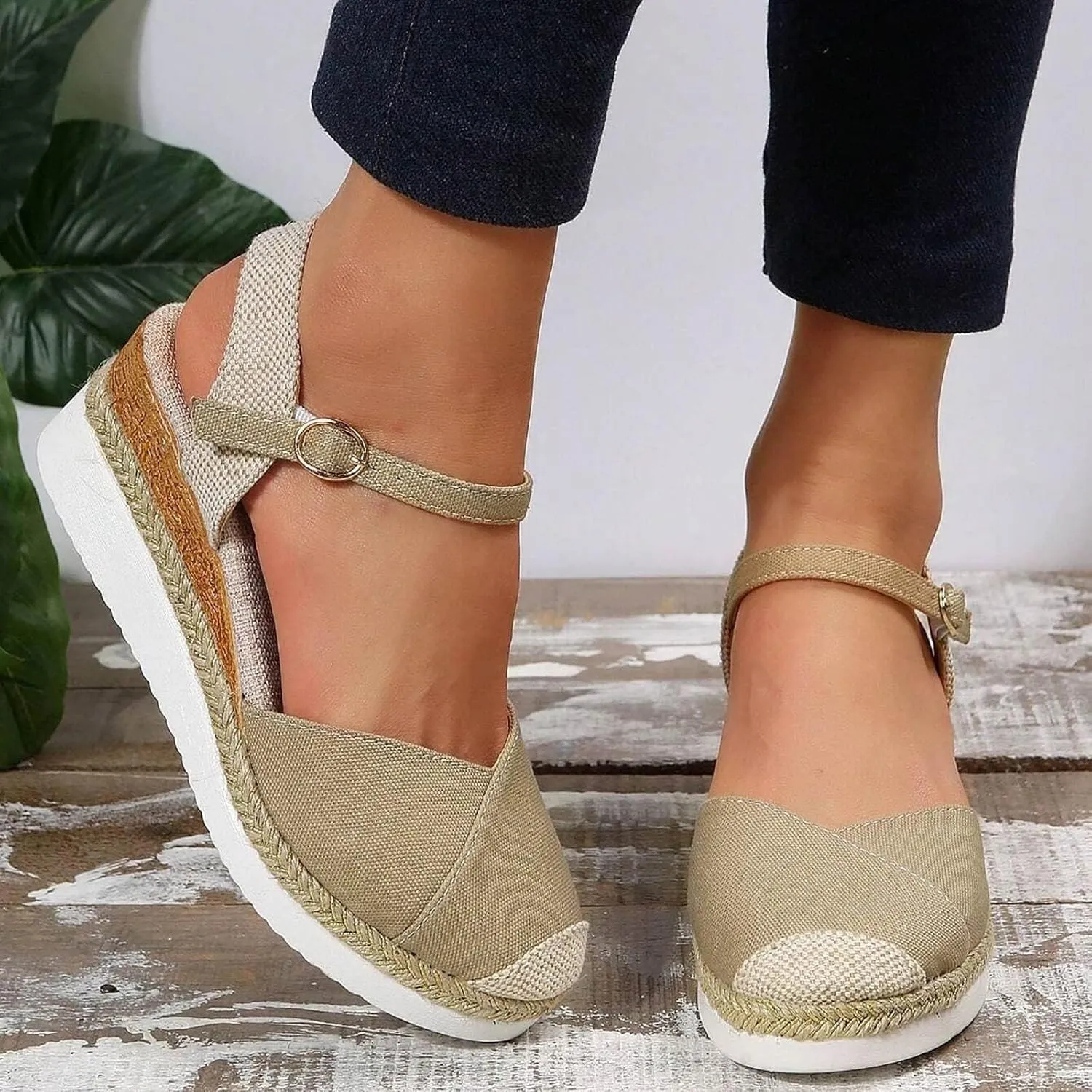 Wedge Sandals for Womens Fashion Arch Support Sandals Elegant Orthopedic Sandal Closed Toe Buckle Ankle Strap Espadrilles Flatform Wedge Casual Shoes Bohemia Beach Shoes