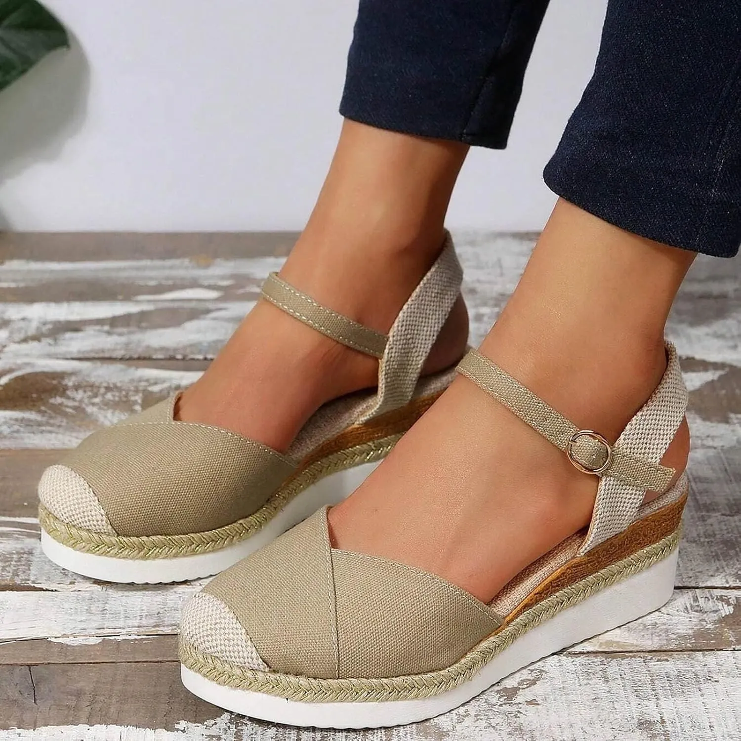 Wedge Sandals for Womens Fashion Arch Support Sandals Elegant Orthopedic Sandal Closed Toe Buckle Ankle Strap Espadrilles Flatform Wedge Casual Shoes Bohemia Beach Shoes