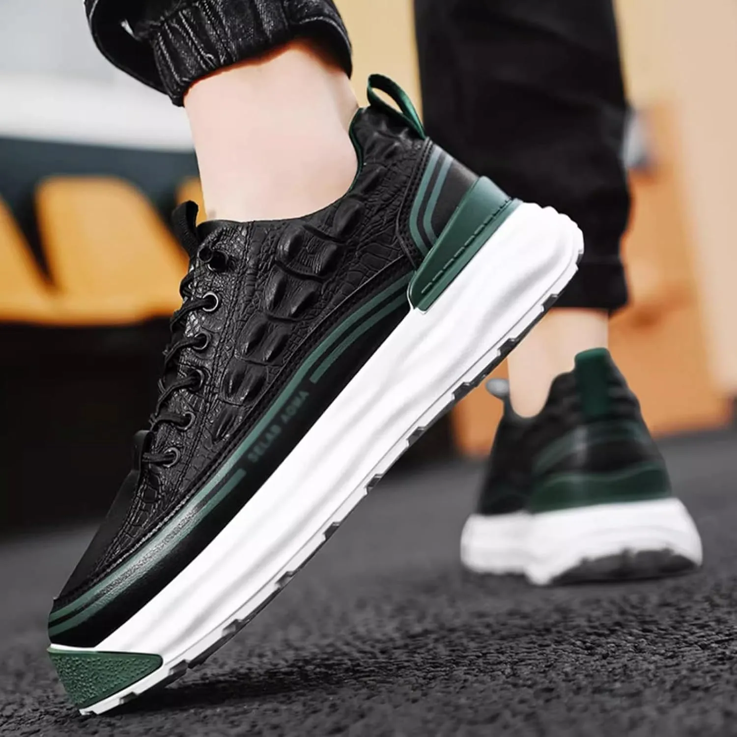 WENOREG Men's Print Low Cut Cowhide Sneakers,Fashion Elastic Laces Waterproof Soft Leather Comfortable Non-Slip Casual Athletic Walking Shoes