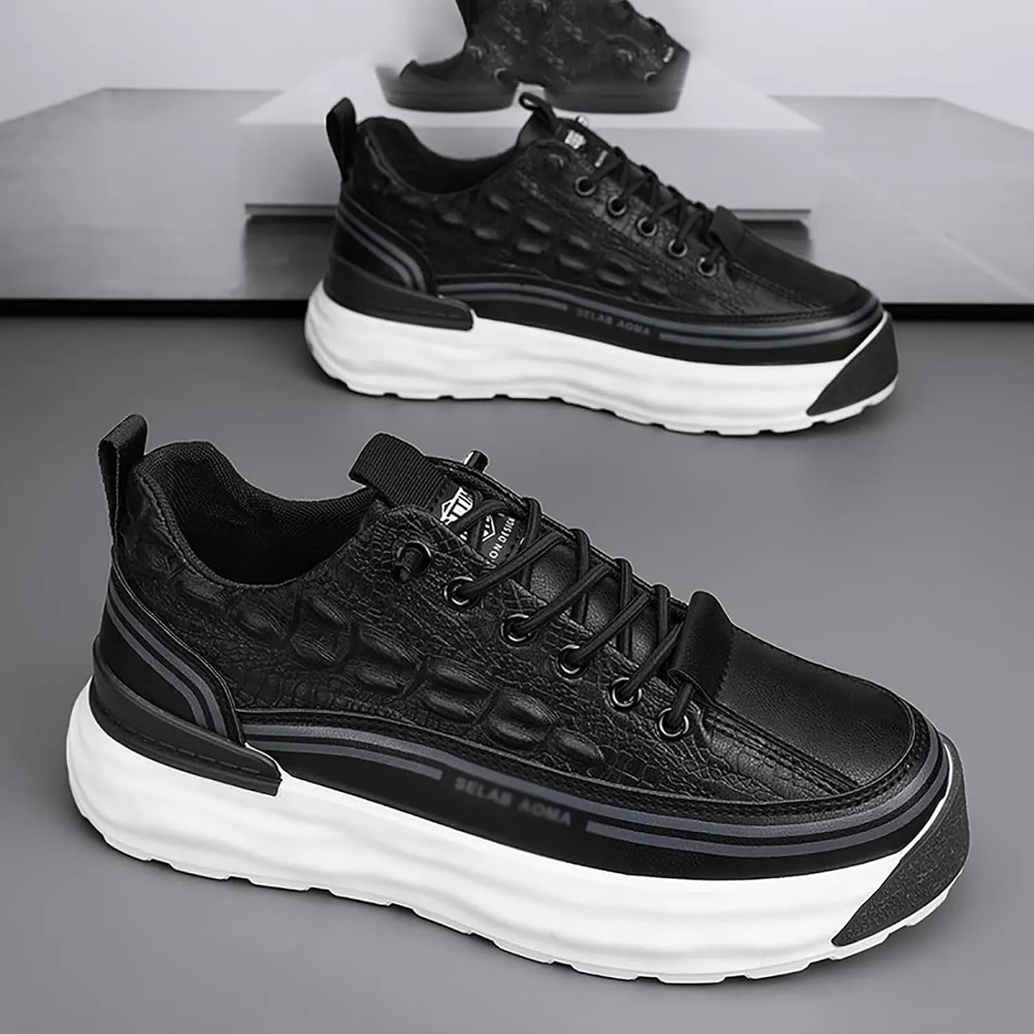 WENOREG Men's Print Low Cut Cowhide Sneakers,Fashion Elastic Laces Waterproof Soft Leather Comfortable Non-Slip Casual Athletic Walking Shoes