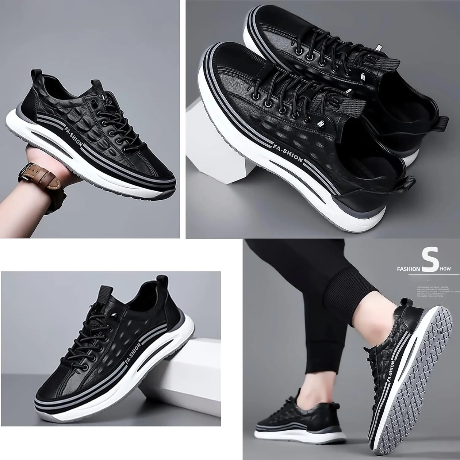WENOREG Men's Print Low Cut Cowhide Sneakers,Fashion Elastic Laces Waterproof Soft Leather Comfortable Non-Slip Casual Athletic Walking Shoes