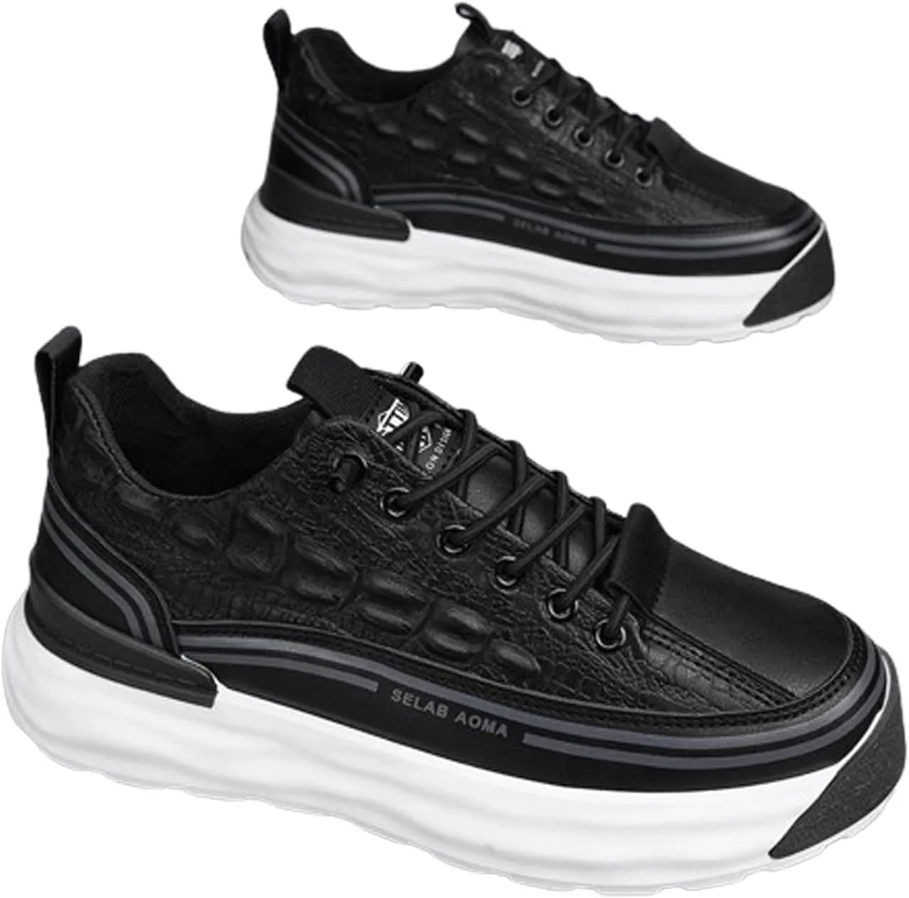 WENOREG Men's Print Low Cut Cowhide Sneakers,Fashion Elastic Laces Waterproof Soft Leather Comfortable Non-Slip Casual Athletic Walking Shoes