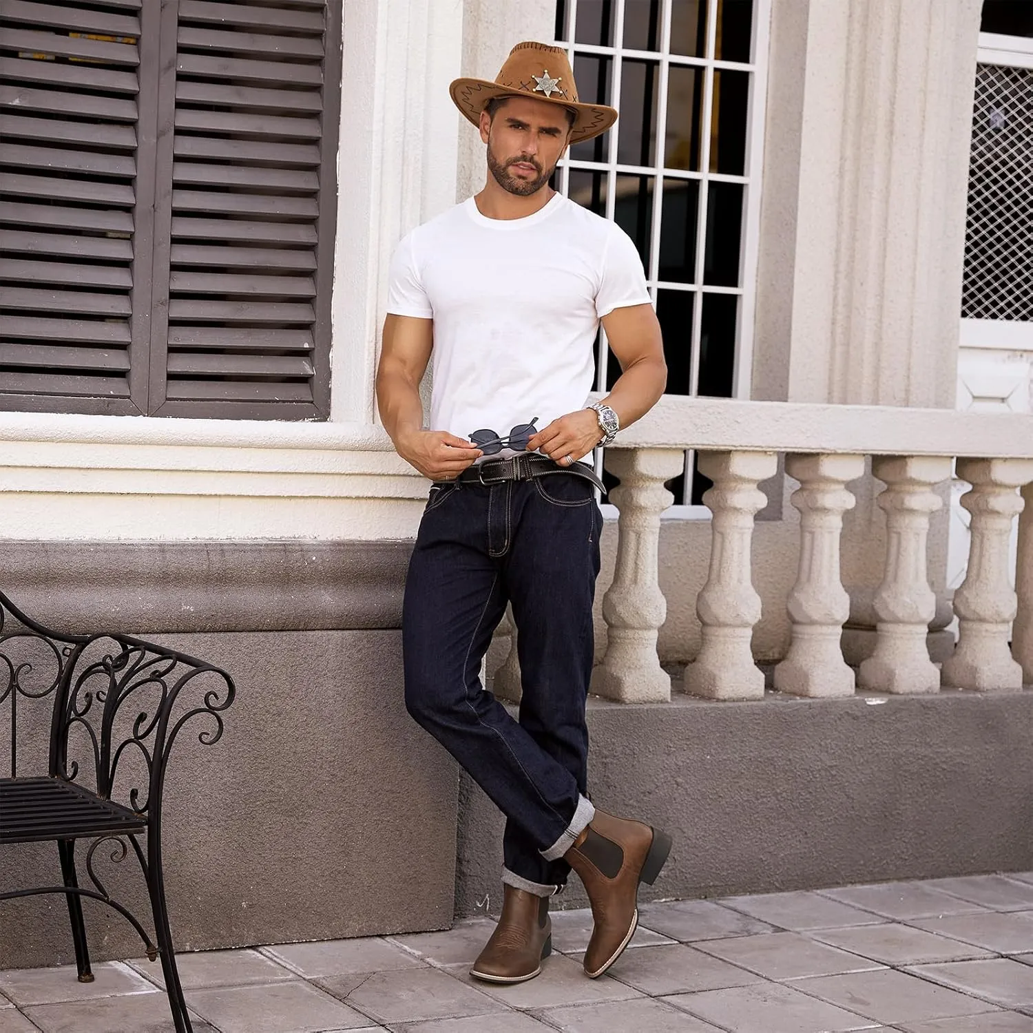 Western Cowboy Boots for Men - Mens Square Toe Chelsea Boots Ankle Cowboy Boots for Men Casual Retro Stylish Boots Brown