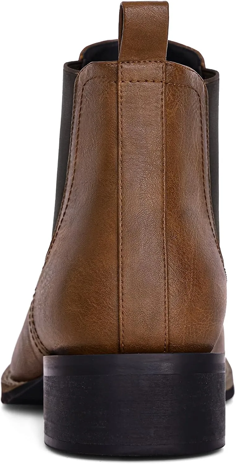 Western Cowboy Boots for Men - Mens Square Toe Chelsea Boots Ankle Cowboy Boots for Men Casual Retro Stylish Boots Brown