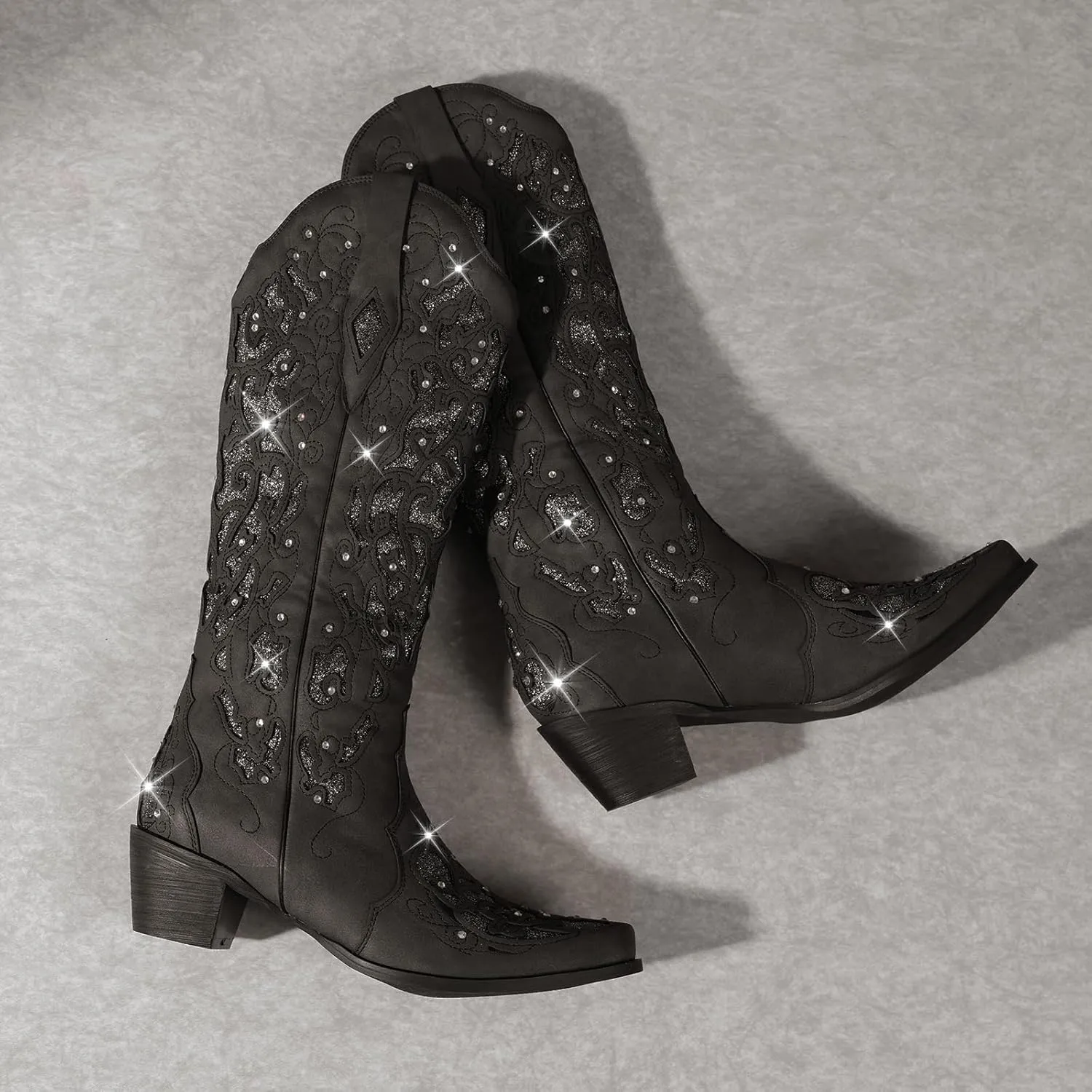 Western Cowboy Boots with Comfortable Calf Black Cowgirl Boot Women Sparkly Rhinestone Wedding Boots Trendy Vintage Tall Glitter Boot with Embroidery and Chunky Heel for Daily Wearing|Office|Party