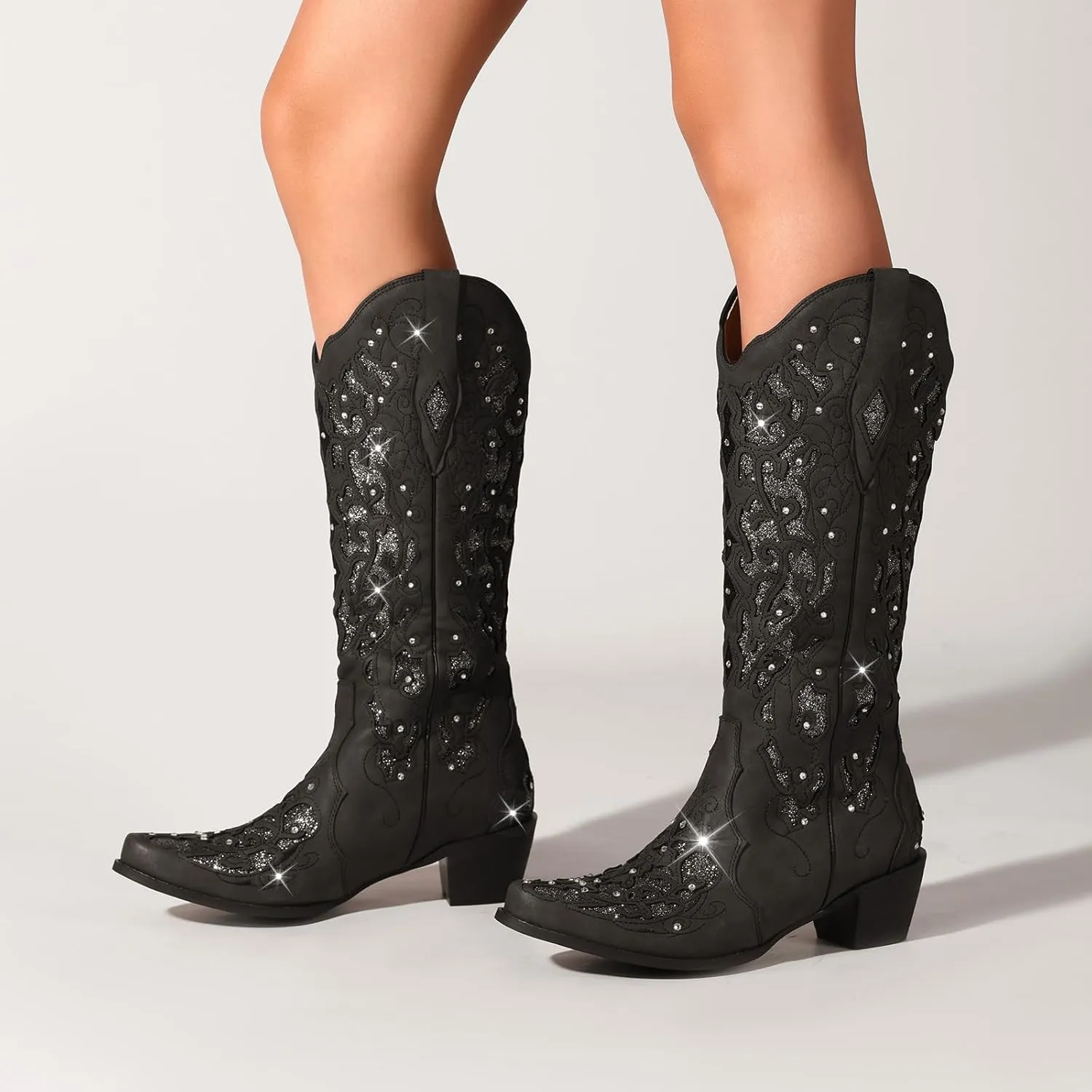 Western Cowboy Boots with Comfortable Calf Black Cowgirl Boot Women Sparkly Rhinestone Wedding Boots Trendy Vintage Tall Glitter Boot with Embroidery and Chunky Heel for Daily Wearing|Office|Party