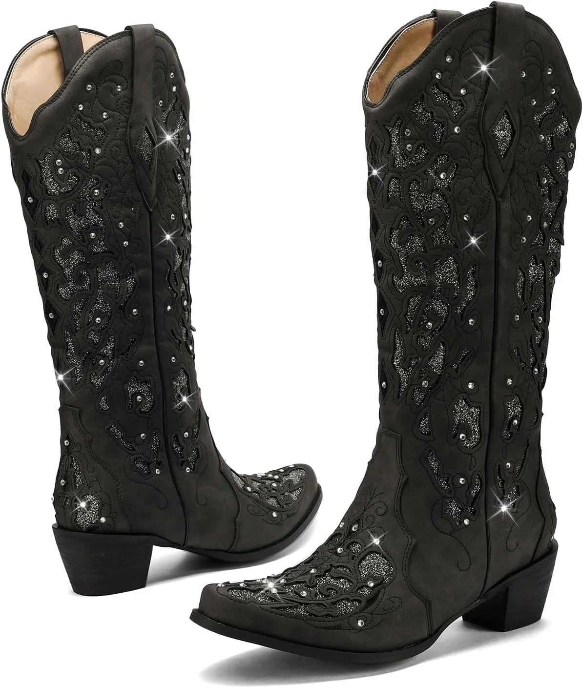 Western Cowboy Boots with Comfortable Calf Black Cowgirl Boot Women Sparkly Rhinestone Wedding Boots Trendy Vintage Tall Glitter Boot with Embroidery and Chunky Heel for Daily Wearing|Office|Party
