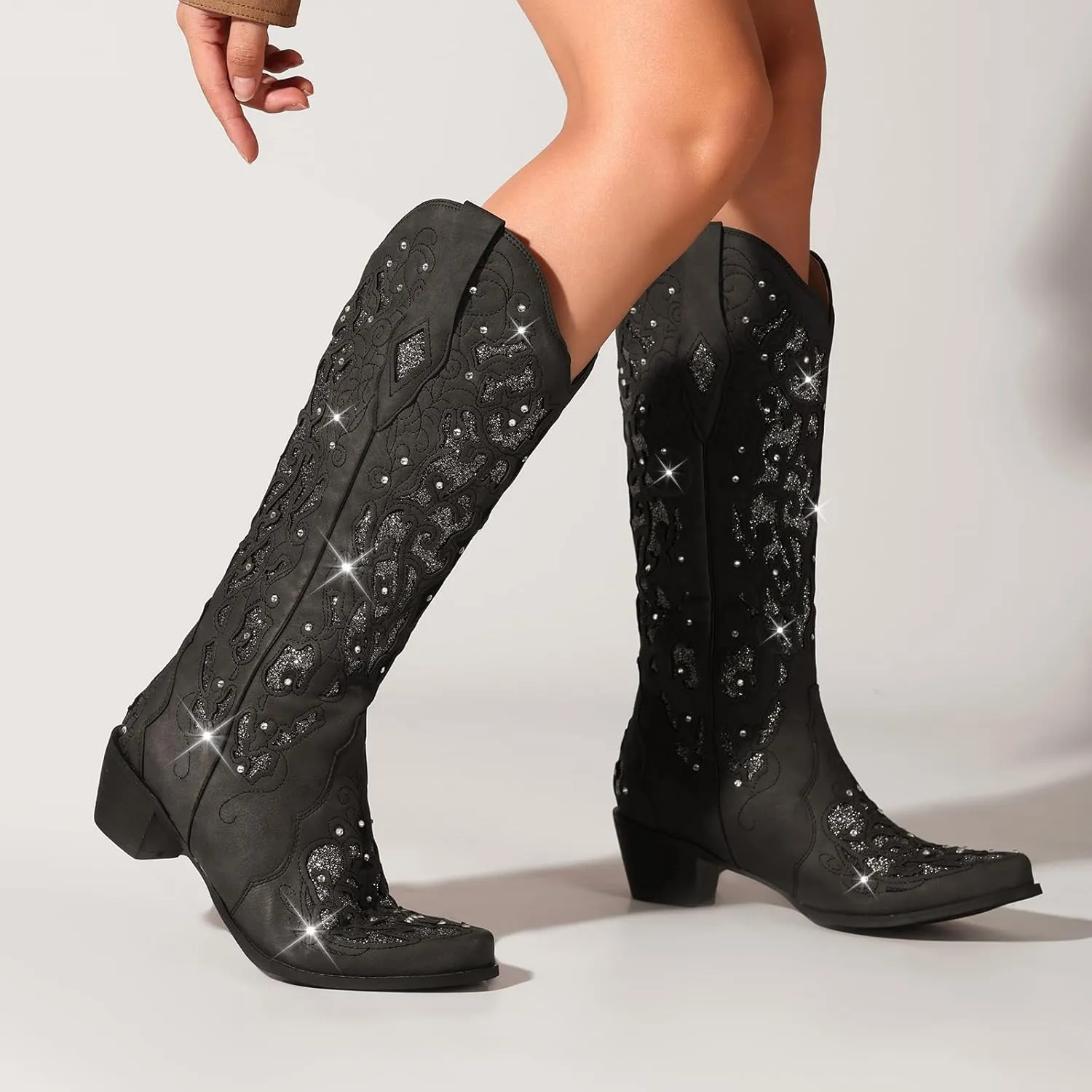 Western Cowboy Boots with Comfortable Calf Black Cowgirl Boot Women Sparkly Rhinestone Wedding Boots Trendy Vintage Tall Glitter Boot with Embroidery and Chunky Heel for Daily Wearing|Office|Party