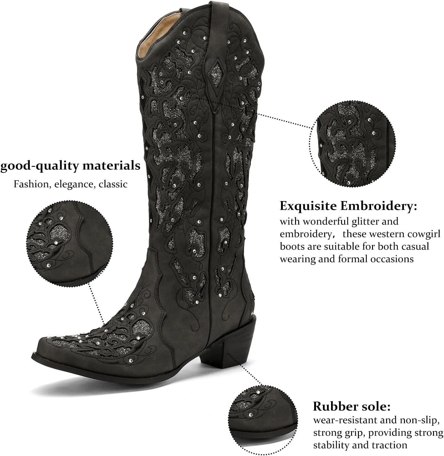 Western Cowboy Boots with Comfortable Calf Black Cowgirl Boot Women Sparkly Rhinestone Wedding Boots Trendy Vintage Tall Glitter Boot with Embroidery and Chunky Heel for Daily Wearing|Office|Party