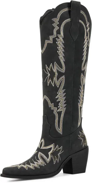wetkiss Cowboy Boots for Women Embroidered Knee High Cowgirl Boots Womens Retro Western Boots Pull on Tall Boots with Chunky Heel Pointed Toe