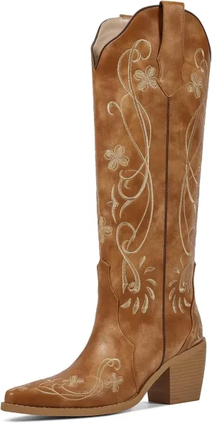wetkiss Cowboy Boots for Women Knee High Cowgirl Boots, Western Boots with Floral Embroidered Pointed Toe Chunky Heel Pull On Retro Vintage Classic Tall Boots for Ladies