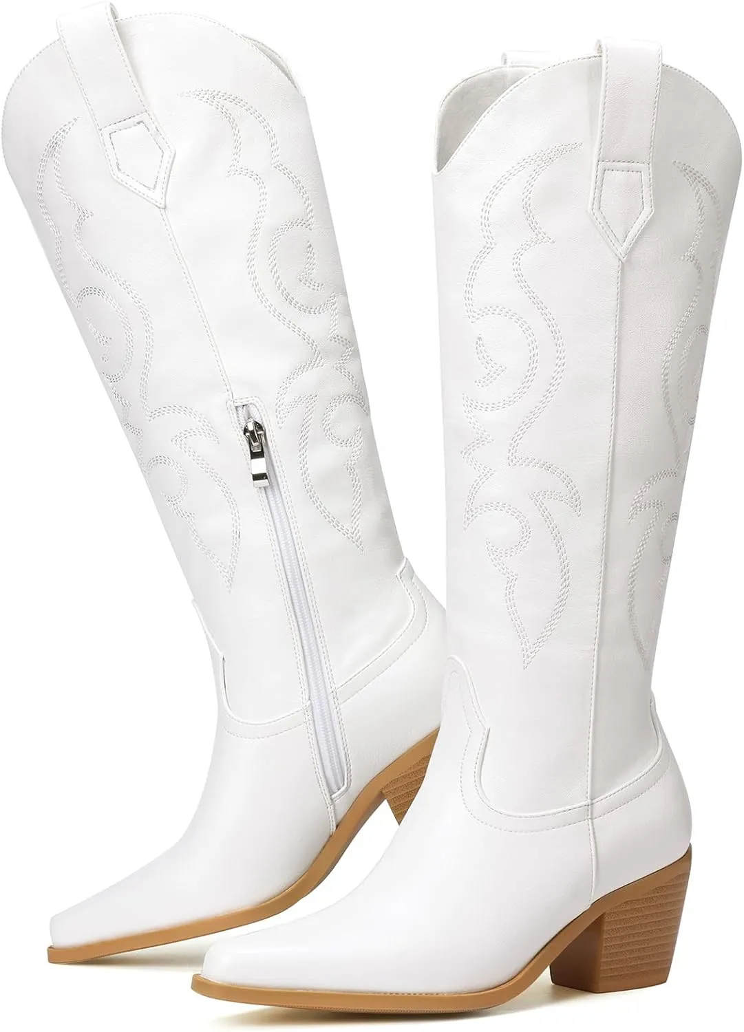 White Cowboy Boots for Women - Wide Calf Rhinestone Cowgirl Boots, Women Knee High Western Boots, Glitter Sparkly Ladies Tall Boots with Classic Embroidery and Side Zipper, Retro Classic Country Boots Pull On for Ladies
