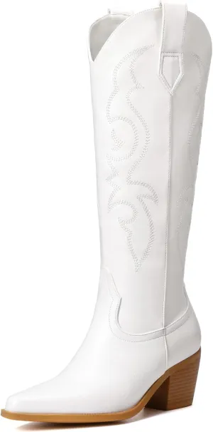 White Cowboy Boots for Women - Wide Calf Rhinestone Cowgirl Boots, Women Knee High Western Boots, Glitter Sparkly Ladies Tall Boots with Classic Embroidery and Side Zipper, Retro Classic Country Boots Pull On for Ladies