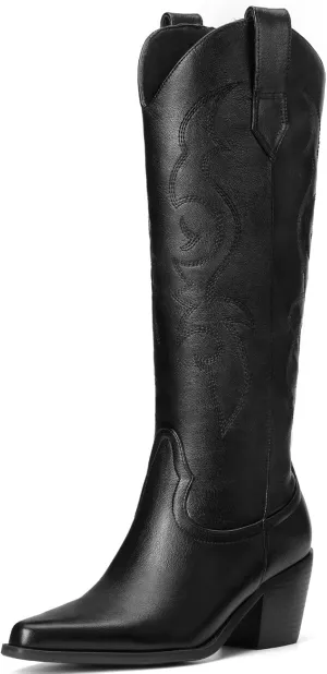 White Cowboy Boots for Women - Wide Calf Rhinestone Cowgirl Boots, Women Knee High Western Boots, Glitter Sparkly Ladies Tall Boots with Classic Embroidery and Side Zipper, Retro Classic Country Boots Pull On for Ladies