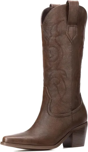 White Cowboy Boots for Women - Wide Calf Rhinestone Cowgirl Boots, Women Knee High Western Boots, Glitter Sparkly Ladies Tall Boots with Classic Embroidery and Side Zipper, Retro Classic Country Boots Pull On for Ladies