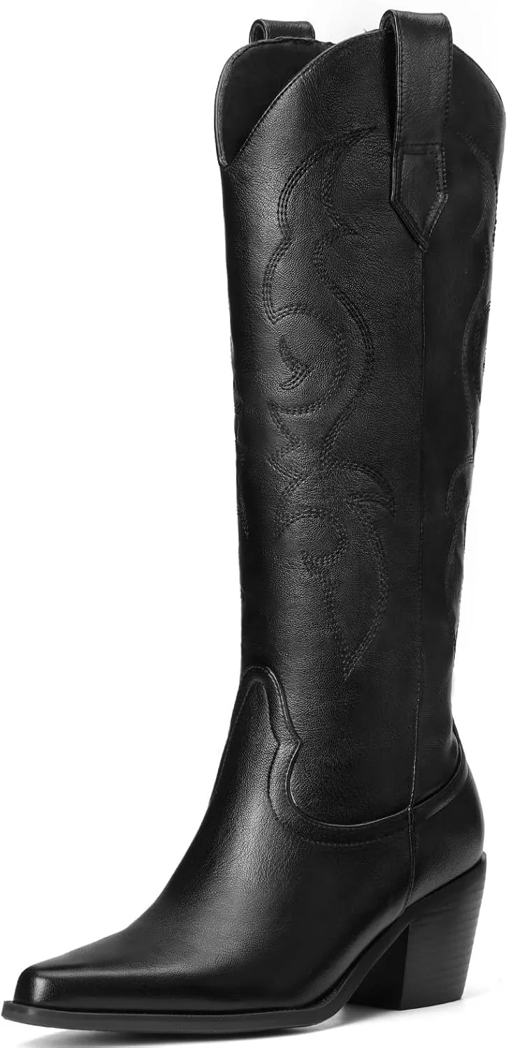 White Cowboy Boots for Women - Wide Calf Rhinestone Cowgirl Boots, Women Knee High Western Boots, Glitter Sparkly Ladies Tall Boots with Classic Embroidery and Side Zipper, Retro Classic Country Boots Pull On for Ladies