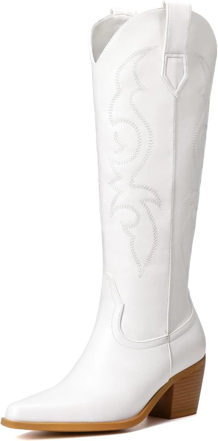White Cowboy Boots for Women - Wide Calf Rhinestone Cowgirl Boots, Women Knee High Western Boots, Glitter Sparkly Ladies Tall Boots with Classic Embroidery and Side Zipper, Retro Classic Country Boots Pull On for Ladies