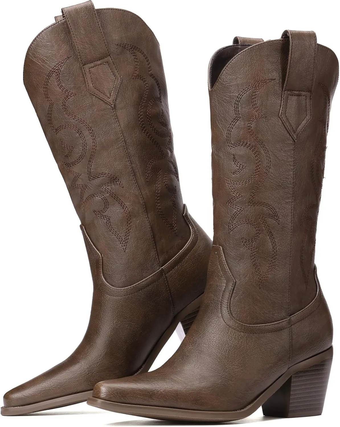 White Cowboy Boots for Women - Wide Calf Rhinestone Cowgirl Boots, Women Knee High Western Boots, Glitter Sparkly Ladies Tall Boots with Classic Embroidery and Side Zipper, Retro Classic Country Boots Pull On for Ladies