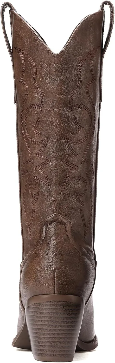White Cowboy Boots for Women - Wide Calf Rhinestone Cowgirl Boots, Women Knee High Western Boots, Glitter Sparkly Ladies Tall Boots with Classic Embroidery and Side Zipper, Retro Classic Country Boots Pull On for Ladies