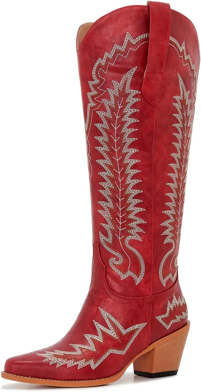 Wide Calf Cowboy Boots Women Slip On Comfortable Plus Size Cowgirl Ladies Boots Knee High Tall Western Style