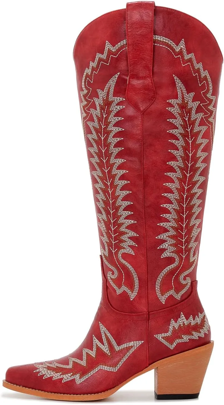 Wide Calf Cowboy Boots Women Slip On Comfortable Plus Size Cowgirl Ladies Boots Knee High Tall Western Style