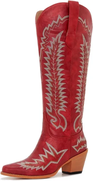 Wide Calf Cowboy Boots Women Slip On Comfortable Plus Size Cowgirl Ladies Boots Knee High Tall Western Style