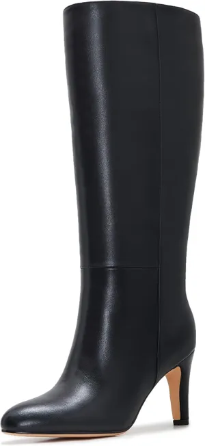 Wide Calf Knee High Boots For Women Leather Plus Size Tall Kitten Heel Boots Round Toe Side Zipper