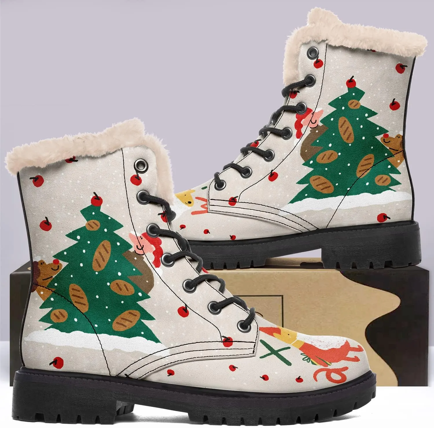 Winter Boots for Women, Custom Christmas Boots Santa Claus Print Ladies Fur Lined Lace up Ankle Boots Comfortable Warm Winter Snow Shoes Outdoor Christmas Gift