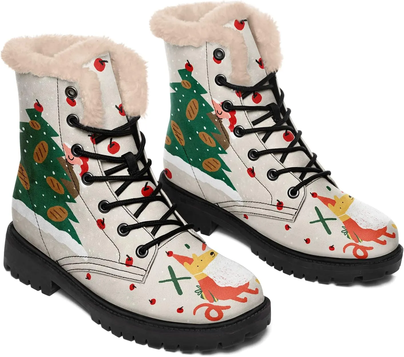 Winter Boots for Women, Custom Christmas Boots Santa Claus Print Ladies Fur Lined Lace up Ankle Boots Comfortable Warm Winter Snow Shoes Outdoor Christmas Gift