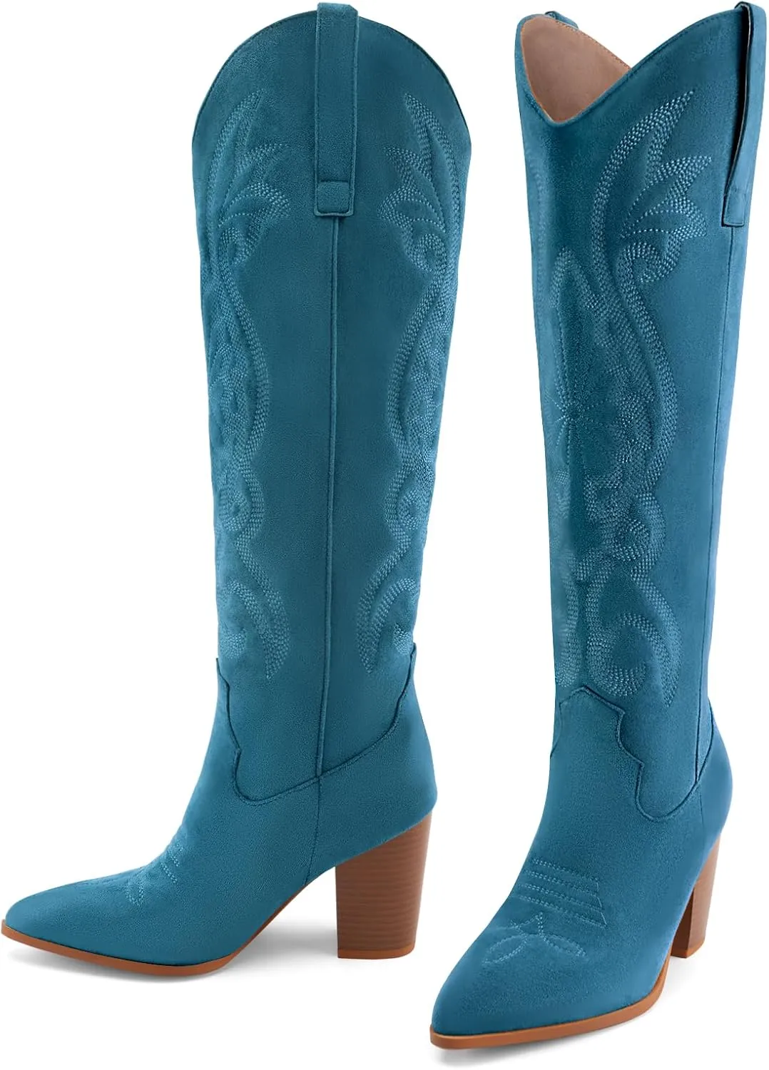 WIRALOMI Women Western Knee High Boots Embroidered Chunky Block Heel Cowboy Boots Pointed Toe Pull on Cowgirl Boots