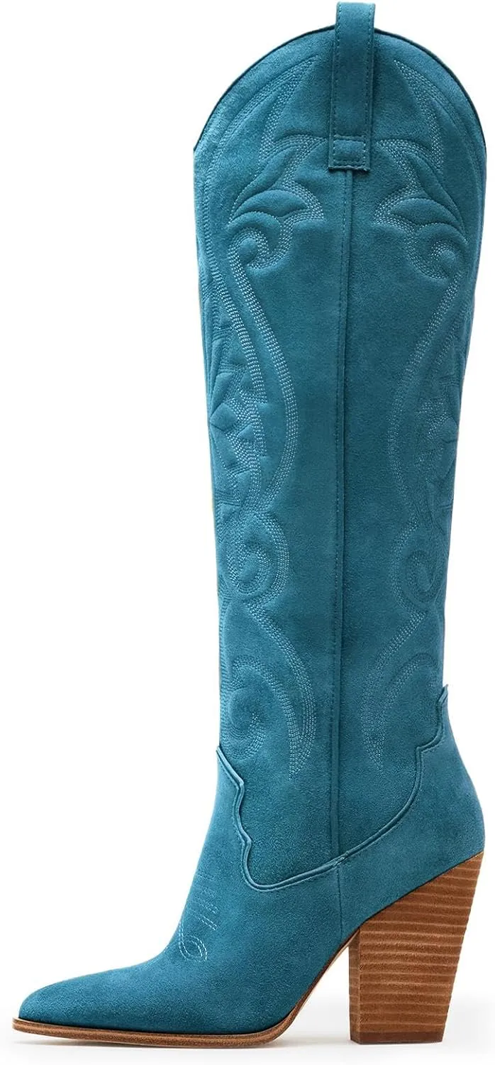WIRALOMI Women Western Knee High Boots Embroidered Chunky Block Heel Cowboy Boots Pointed Toe Pull on Cowgirl Boots