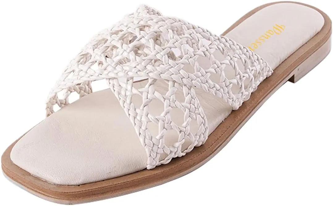 Women Chic Braided Reticular Open Toe Flat Mules Soft Insole Stylish Slide Sandals Slip on Casual Daily Dress Slippers Size 4-16 US