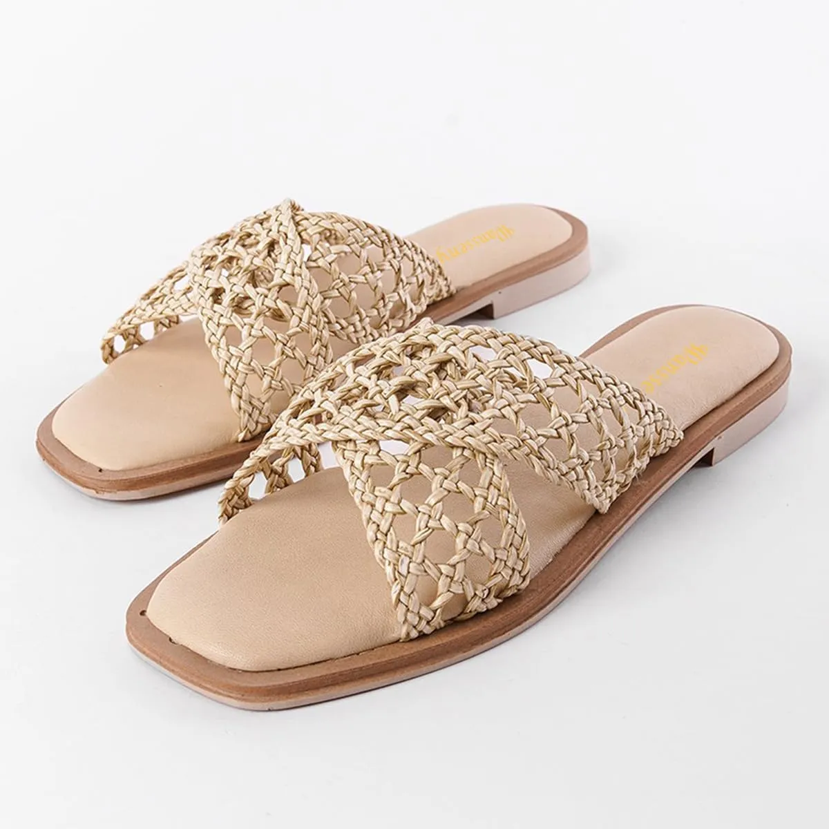 Women Chic Braided Reticular Open Toe Flat Mules Soft Insole Stylish Slide Sandals Slip on Casual Daily Dress Slippers Size 4-16 US