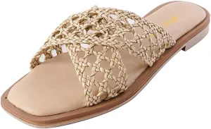 Women Chic Braided Reticular Open Toe Flat Mules Soft Insole Stylish Slide Sandals Slip on Casual Daily Dress Slippers Size 4-16 US