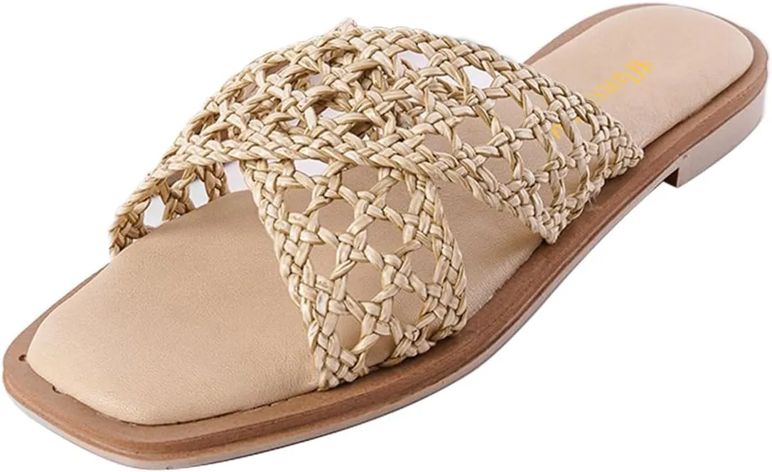 Women Chic Braided Reticular Open Toe Flat Mules Soft Insole Stylish Slide Sandals Slip on Casual Daily Dress Slippers Size 4-16 US