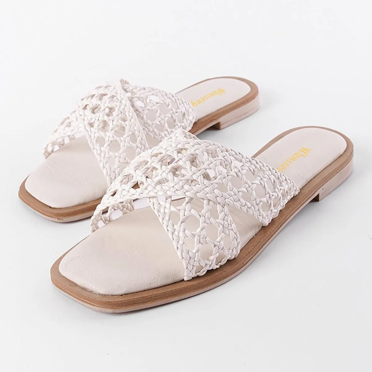 Women Chic Braided Reticular Open Toe Flat Mules Soft Insole Stylish Slide Sandals Slip on Casual Daily Dress Slippers Size 4-16 US