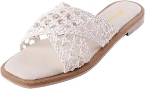 Women Chic Braided Reticular Open Toe Flat Mules Soft Insole Stylish Slide Sandals Slip on Casual Daily Dress Slippers Size 4-16 US