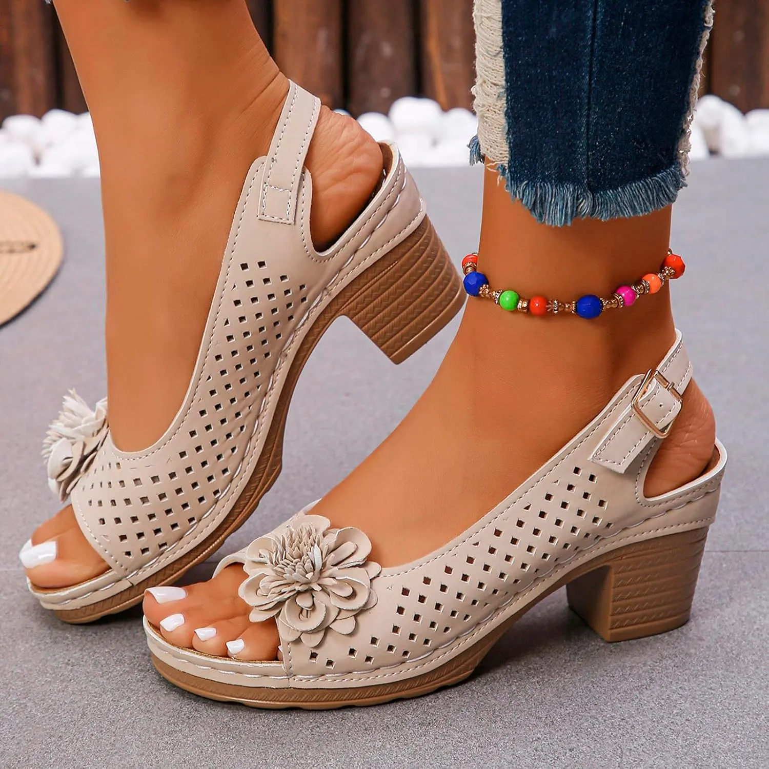 Women Comfy Casual Shoe Open Toe Hollow Flower Wedge Heel Slippers Sandals Flip Flops Women 8 Sandals