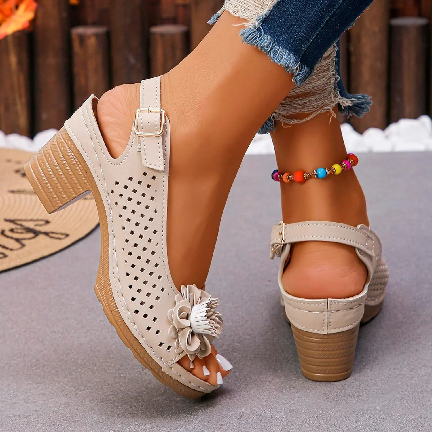 Women Comfy Casual Shoe Open Toe Hollow Flower Wedge Heel Slippers Sandals Flip Flops Women 8 Sandals