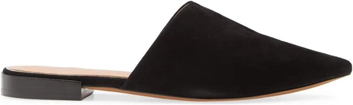 Women Fashion Suede Mules, Sexy Closed Pointed Toe Flat Loafer, Low Heel Backless Mule Sandals, V Cut Lightweight Slip on Walking Shoes for Ladies, Elegant Dress Casual Slippers, Full Size 4-16 M US