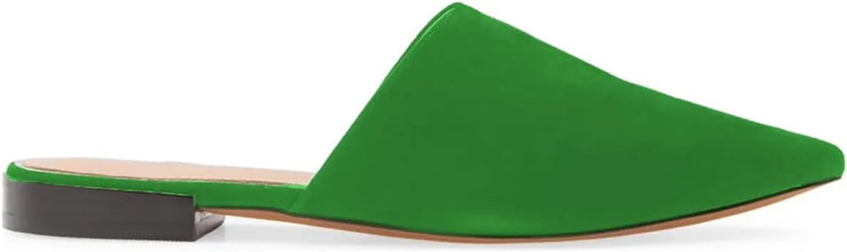 Women Fashion Suede Mules, Sexy Closed Pointed Toe Flat Loafer, Low Heel Backless Mule Sandals, V Cut Lightweight Slip on Walking Shoes for Ladies, Elegant Dress Casual Slippers, Full Size 4-16 M US