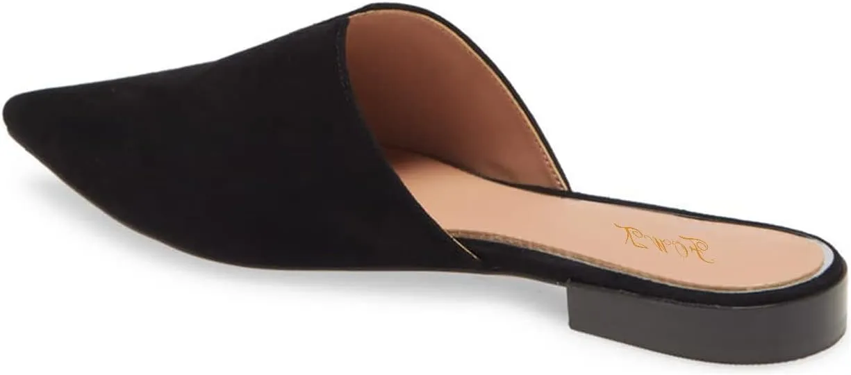 Women Fashion Suede Mules, Sexy Closed Pointed Toe Flat Loafer, Low Heel Backless Mule Sandals, V Cut Lightweight Slip on Walking Shoes for Ladies, Elegant Dress Casual Slippers, Full Size 4-16 M US