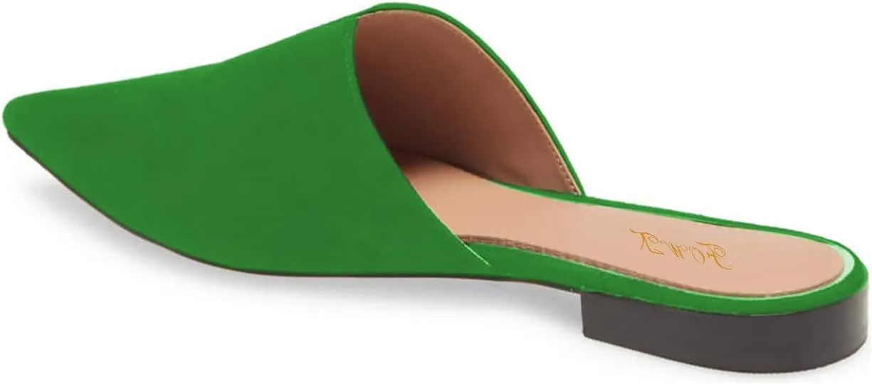 Women Fashion Suede Mules, Sexy Closed Pointed Toe Flat Loafer, Low Heel Backless Mule Sandals, V Cut Lightweight Slip on Walking Shoes for Ladies, Elegant Dress Casual Slippers, Full Size 4-16 M US