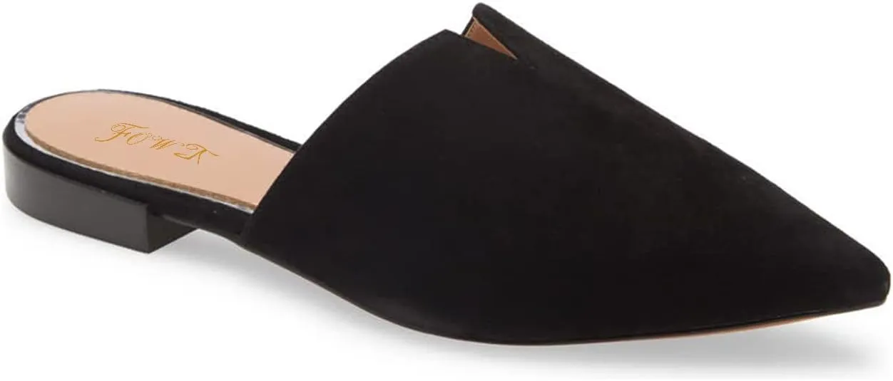 Women Fashion Suede Mules, Sexy Closed Pointed Toe Flat Loafer, Low Heel Backless Mule Sandals, V Cut Lightweight Slip on Walking Shoes for Ladies, Elegant Dress Casual Slippers, Full Size 4-16 M US