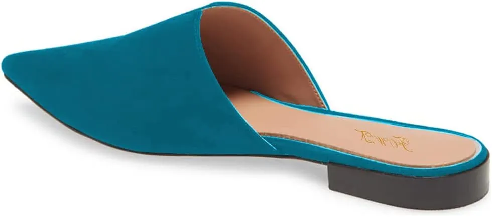 Women Fashion Suede Mules, Sexy Closed Pointed Toe Flat Loafer, Low Heel Backless Mule Sandals, V Cut Lightweight Slip on Walking Shoes for Ladies, Elegant Dress Casual Slippers, Full Size 4-16 M US