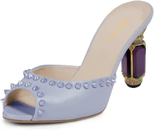 Women Graceful Studded Rivets Peep Toe Mules Crystal Mid Heel Slip On Ladies Fashion Casual Dress Shoes Size 4-16 US