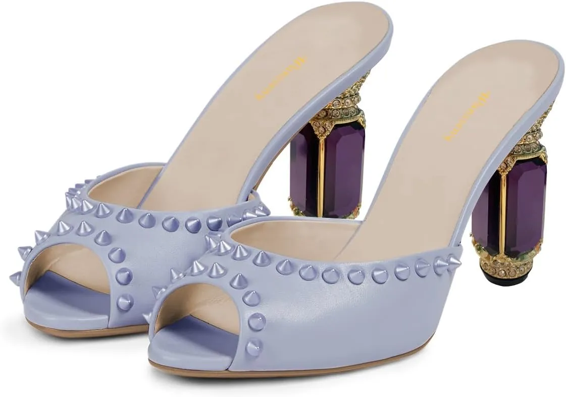 Women Graceful Studded Rivets Peep Toe Mules Crystal Mid Heel Slip On Ladies Fashion Casual Dress Shoes Size 4-16 US